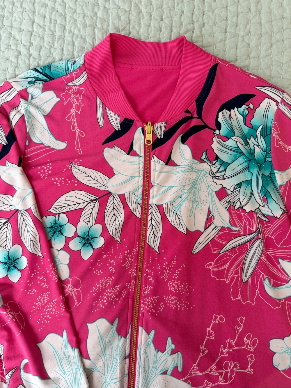 IMAN Global Chic Floral Bomber Jacket Hot Pink Teal Lily Print Gold YKK Zipper